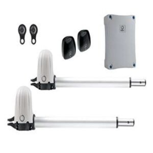 ALEKO 24V swing gate opener motors with waterproof and low noise feature icons shown