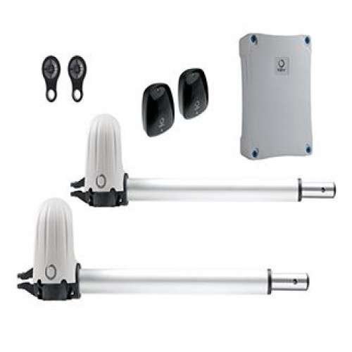 ALEKO 24V swing gate opener motors with waterproof and low noise feature icons shown