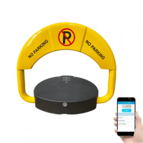 Yellow rechargeable parking lock with no-parking markings and smartphone app control.
