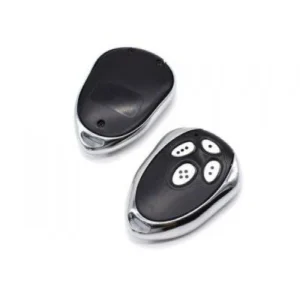 Black ASTCO FORESEE FR36 gate remote with white control buttons and chrome key-ring casing.