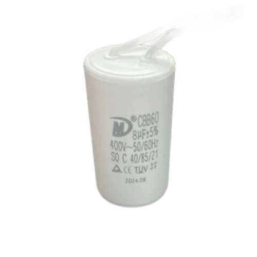 White 8µF gate motor capacitor with attached wire leads for compatible automation repairs