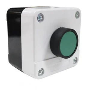 Green push button in a white enclosure for manual control of compatible automatic gate motors.