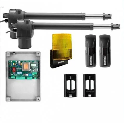 Beninca BILL30M swing gate motor kit with two operators, control board, flashing light, photocells and remotes