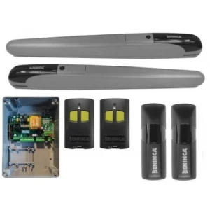 Beninca BOB50M swing gate motor kit with two grey operators, control unit, remotes and photocell sensors