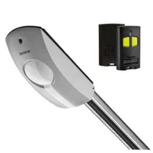 BENINCA JM.4 ESA garage door opener shown with rail and two remote controls