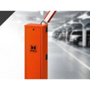 Beninca LADY 5 orange parking barrier with raised boom in covered car park