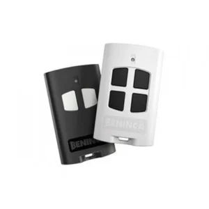 Black and white BENINCA TO.GO2VA gate remotes shown together with contrasting two-button designs.