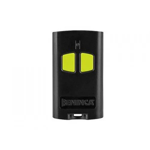 Beninca TO.GO2VA black gate remote with two yellow buttons for compatible automation systems.