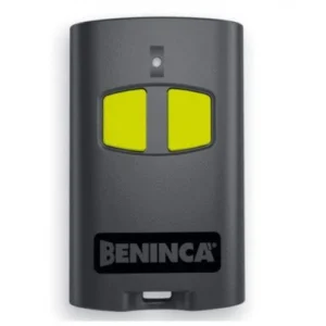 Beninca TO.GO2VA dark grey gate remote with two yellow buttons for compatible automation systems.