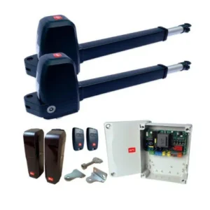 BFT ATHOS AC A40 swing gate motor kit with two operators, control unit, photocells, remotes and mounting keys