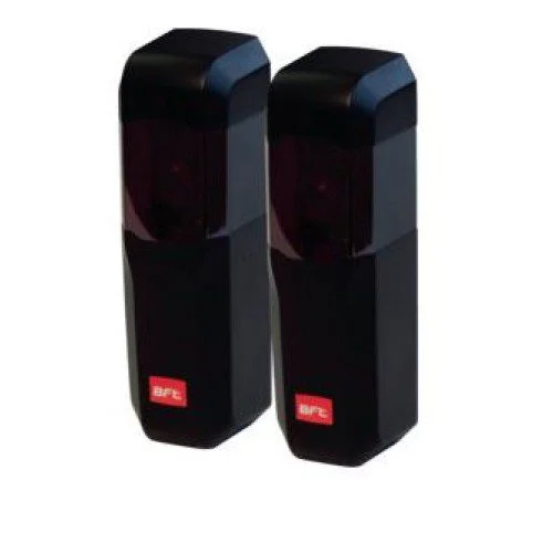 Pair of black BFT COMPACTA A20-180 adjustable photocell sensors for automatic gate and barrier safety detection.