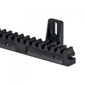 Black BFT CP D221073 nylon toothed rack with mounting bracket for compatible sliding gate motors.