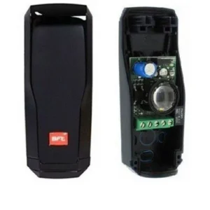 BFT DESME A15 photocell pair shown closed and open, with internal circuitry visible for automatic gate safety detection.