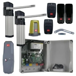 BFT E5 BT A18 swing gate opener kit with two arm operators, control board, flashing light, remotes and sensors