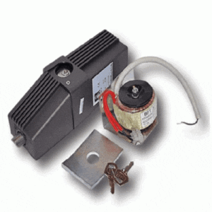 BFT EBP 24 vertical electric gate lock kit with transformer, mounting plate, cable and keys.