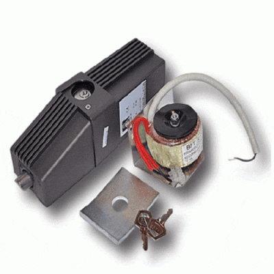 BFT EBP 24 vertical electric gate lock kit with transformer, mounting plate, cable and keys.