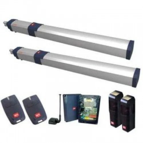 BFT GIUNO ULTRA BT A50 swing gate motor kit with two silver operators, control unit, remotes and sensors
