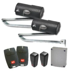 Articulated swing gate opener kit with two BFT motor units, metal arms, remotes, control unit and safety photocells.