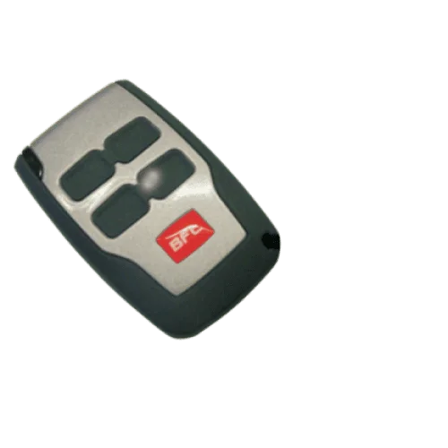 BFT KLEIO B RCA02 R1 gate remote with dark housing, silver faceplate, dark buttons, and red logo.