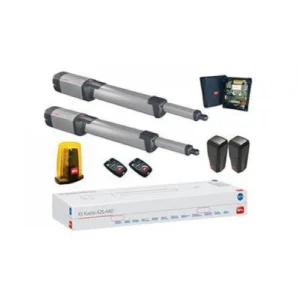 Complete BFT KUSTOS BT A25 swing gate motor kit with two linear actuators, control panel, remotes, photocells and flashing light