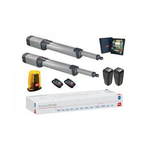 Complete BFT KUSTOS BT A25 swing gate motor kit with two linear actuators, control panel, remotes, photocells and flashing light