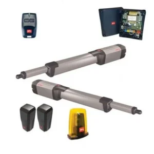 BFT KUSTOS BT A40 swing gate kit with two linear actuators, control unit, remotes, photocells and flashing light