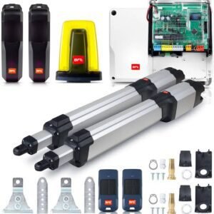 BFT KUSTOS BT B25 swing gate automation kit with two linear actuators, control board, photocells, remotes and flashing light