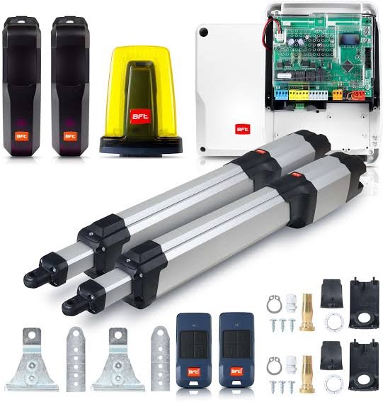 BFT KUSTOS BT B25 swing gate automation kit with two linear actuators, control board, photocells, remotes and flashing light