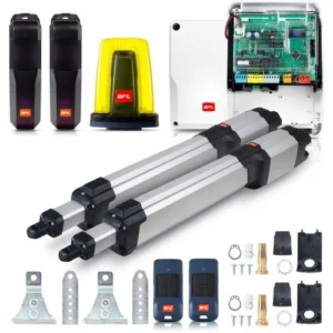 Complete BFT KUSTOS BT B40 swing gate automation kit with linear actuators, control board, remotes, photocells and accessories