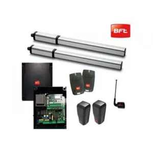 Hydraulic swing gate automation kit with two BFT linear operators, control board, remote controls, safety sensors and antenna accessories on white background.