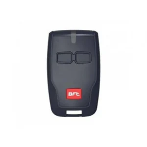 BFT MITTO B RCB02 R1 dark gate remote with two buttons and red BFT logo for compatible systems.