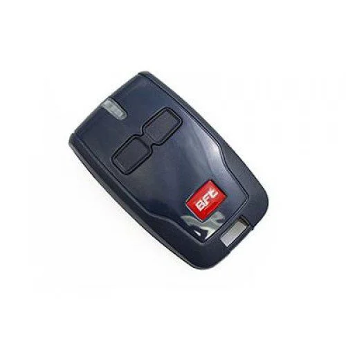 BFT MITTO B RCB02 dark gate remote with two buttons and red logo for compatible automation systems.