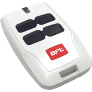 BFT MITTO B RCB04 clear ice white remote with four dark buttons and red logo for gate automation.