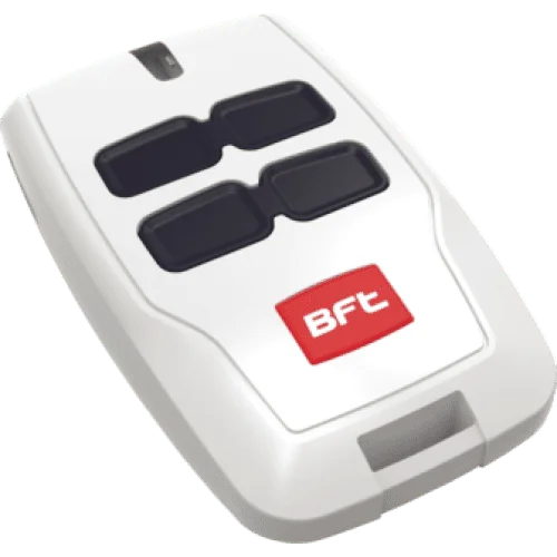 BFT MITTO B RCB04 clear ice white remote with four dark buttons and red logo for gate automation.