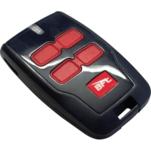 BFT MITTO B RCB04 R2 Replay dark gate remote with four red buttons and red BFT logo.