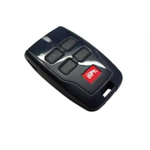 Black BFT MITTO B RCB04 R3 four-button remote for compatible automatic gate access systems.