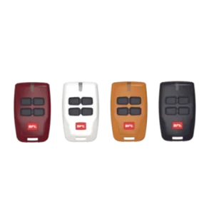 Four BFT MITTO RCB04 remotes in red, white, yellow, and blue for compatible gate systems.