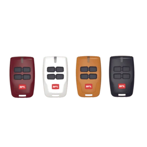 Four BFT MITTO RCB04 remotes in red, white, yellow, and blue for compatible gate systems.