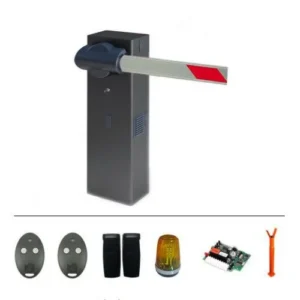 BFT MOOVI 30S parking barrier kit with boom, remotes, lamp, board, and post