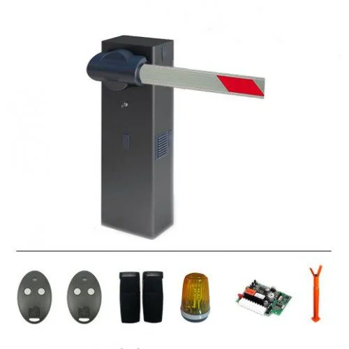 BFT MOOVI 30S parking barrier kit with boom, remotes, lamp, board, and post