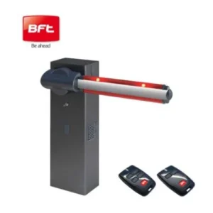 BFT MOOVI 50 parking barrier kit with boom arm, two remotes, and BFT logo