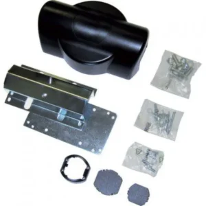 BFT OMEGA AQ barrier boom installation kit with black housing, metal brackets and fixing hardware.