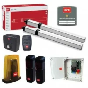 Complete BFT ORO E hydraulic swing gate kit with two linear operators, control board, photocells, flashing light and remotes
