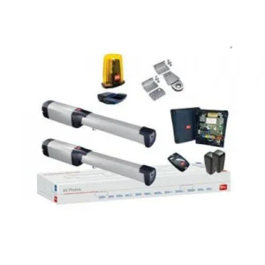 BFT PHOBOS AC A50 swing gate kit with linear actuators, control board, photocells, remote and flashing beacon