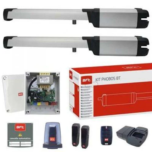 BFT PHOBOS BT A40 swing gate kit with two linear actuators, control panel, red box, photocells, remotes and accessories