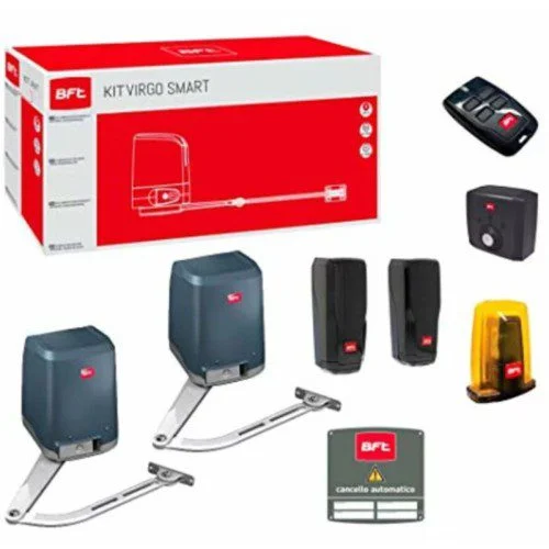 BFT VIRGO SMART BT A20 swing gate kit with articulated arm operators, control board, photocells, remotes and flashing light