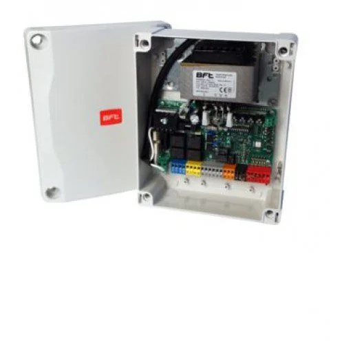 BFT ZARA BT L2 swing gate control panel in enclosure with colour-coded terminals