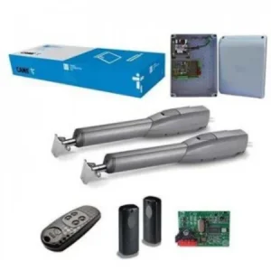 Complete CAME ATS50AGS swing gate automation kit showing dual motors, control board, remotes