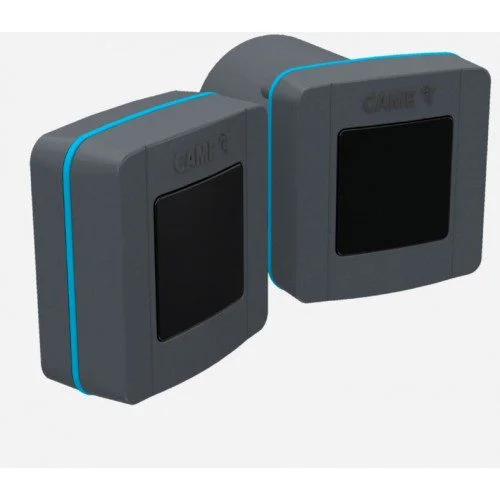 Pair of grey CAME DLX30CEP surface-mounted photocell sensors with black infrared windows for automatic gate safety.