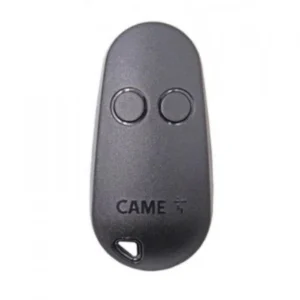 CAME TOP42FGN two-button fixed-code gate remote control transmitter in black with CAME logo and keyring loop